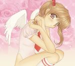  1990s_(style) 1girl angel_wings brown_hair clip_studio_paint_(medium) dice_hair_ornament flower hair_ornament highres leotard looking_at_viewer necktie original pink_flower pink_leotard pink_rose puffy_short_sleeves puffy_sleeves purple_eyes red_necktie retro_artstyle ribbed_socks rose short_sleeves sleeved_leotard smile socks solo squatting twintails white_socks wings yue_(yung_n_dum_) 