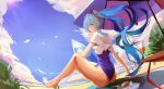  1girl absurdres afindex bangs beach bird black_swimsuit blue_eyes blue_hair blue_sky capelet chinese_commentary cloud commentary cup food full_body gradient_sky hatsune_miku highres knees_up looking_at_viewer looking_back one-piece_swimsuit outdoors parasol plant sitting sky swimsuit twintails umbrella vocaloid white_capelet 