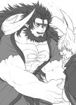  2boys animal_ear_request bara bare_pectorals beard blush curled_horns facial_hair feet_out_of_frame granblue_fantasy greyscale highres horns large_pectorals long_hair male_focus mature_male monochrome mugen_(granblue_fantasy) multiple_boys muscular muscular_male nehan_(granblue_fantasy) pectorals shirt short_hair torn_clothes torn_shirt yomotsuki_road 