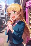  1girl bangs blonde_hair blush bow commentary_request crepe eating eyebrows_visible_through_hair food green_eyes hairband heanna_sumire long_hair love_live! love_live!_superstar!! open_mouth school_uniform shamakho shiny shiny_hair solo yuigaoka_school_uniform 