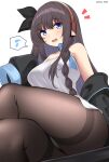  1girl ass azur_lane bare_shoulders black_jacket black_ribbon blue_bow blue_choker blue_eyes blush bow braid breasts brown_hair brown_pantyhose choker commentary_request crossed_legs dress feet_out_of_frame flying_sweatdrops hair_between_eyes hair_ribbon headphones highres jacket kamishiro_(rsg10679) large_breasts long_hair long_island_(azur_lane) long_sleeves looking_at_viewer notice_lines off_shoulder open_clothes open_jacket panties pantyhose puffy_long_sleeves puffy_sleeves ribbon simple_background sitting sleeves_past_fingers sleeves_past_wrists small_sweatdrop solo spoken_flying_sweatdrops strapless strapless_dress sweat thighband_pantyhose thighs twitter_username underwear very_long_hair white_background white_dress white_panties 