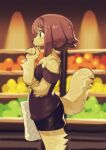  1girl :o animal_ear_piercing animal_ears animal_nose arm_under_breasts bag black_shorts blue_eyes blurry blurry_background bob_cut body_fur bone_print breasts claws dog_ears dog_girl dog_tail from_side furry furry_female highres koucha_inu original profile shop shopping_bag short_shorts shorts solo standing strapless tail yellow_fur 