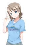  1girl blue_eyes blush breasts brown_hair highres looking_at_viewer love_live! love_live!_sunshine!! shirt simple_background skirt smile solo surfing_orange t-shirt v watanabe_you waving white_background 