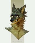  absurd_res ambiguous_gender anthro artist_name black_lips black_nose black_sclera bust_portrait canid cheek_tuft eyelashes facial_tuft fangs front_view fur green_body green_fur grin hi_res inner_ear_fluff lips looking_at_viewer mammal marie_merkh neck_tuft portrait pupils simple_background slit_pupils smile solo teeth tuft yellow_body yellow_eyes yellow_fur yellow_inner_ear yellow_inner_ear_fluff 