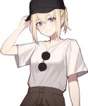  1girl absurdres bang_dream! bang_dream!_it&#039;s_mygo!!!!! baseball_cap black_hat blonde_hair brown_pants chinese_commentary closed_mouth commentary_request eyewear_hang hair_up hat highres looking_at_viewer lu_guan misumi_uika pants ponytail shirt short_sleeves simple_background smile solo sunglasses unworn_eyewear upper_body white_background white_shirt 
