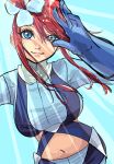  1girl blue_eyes blue_gloves breasts cropped_jacket gloves highres light_blue_background liu_yue_shi_ri looking_at_viewer midriff navel pokemon pokemon_bw red_hair salute skyla_(pokemon) solo 