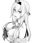  1girl blush braid breasts cleavage collarbone crown dress eyebrows_visible_through_hair flower french_braid greyscale hair_between_eyes hairband highres jewelry kantai_collection large_breasts long_hair mini_crown monochrome necklace off-shoulder_dress off_shoulder open_mouth ribbon rose simple_background solo upper_body uron-rei warspite_(kancolle) white_background 