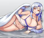  1girl bangs bed_sheet blue_hair breasts cleavage come_hither commentary commission covered_nipples elbow_rest grin groin highres huge_breasts kikimora_(monster_girl_encyclopedia) long_hair lying monster_girl_encyclopedia nav navel nightgown on_bed on_side orange_eyes panties parted_bangs shortstack smile solo underwear white_panties wide_hips 