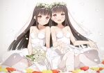  2girls absurdres bare_shoulders black_hair bouquet breasts bride commentary_request dress flower flower_wreath head_wreath highres holding holding_bouquet long_hair looking_at_viewer multiple_girls open_mouth original panties pantyshot petals pink_eyes rose siblings sisters sitting small_breasts smile thighhighs tsubure_manjuu twins underwear very_long_hair wedding_dress white_flower white_panties white_rose white_thighhighs 