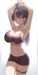  1girl armpits arms_up bangs bike_shorts black_bra black_hair black_shorts bra breasts can_zhu cleavage collarbone cowboy_shot grin hair_ornament highres large_breasts long_hair looking_at_viewer navel original ponytail purple_eyes shorts sideboob simple_background smile solo sports_bra sportswear standing thigh_strap thighs underwear white_background 