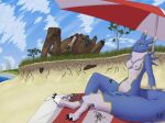  2021 bandai_namco beach breasts colored digimon digimon_(species) digital_drawing_(artwork) digital_media_(artwork) female justablank kinetta_(justablank) machine nipples post-apocalyptic renamon sea shaded signature solo umbrella water 