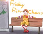  1girl absurdres bench cosplay english_text green_eyes highres hoshizora_rin lens_flare love_live! maruyo mcdonald&#039;s open_mouth orange_hair parody ronald_mcdonald ronald_mcdonald_(cosplay) short_hair sitting socks solo striped_clothes striped_sleeves striped_socks teeth upper_teeth_only 