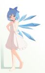  1girl absurdres aqoot back_bow bare_shoulders barefoot blue_bow blue_eyes blue_hair blue_wings blush bow cirno closed_mouth commentary_request detached_wings dress feet flat_chest food frilled_dress frills full_body hair_bow hand_on_own_hip hand_up highres holding holding_food holding_popsicle ice ice_wings looking_at_viewer neck_ribbon popsicle red_ribbon ribbon short_hair simple_background sleeveless sleeveless_dress smile solo standing touhou white_background white_bow white_dress wings 