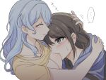  ... 2girls ^_^ aoiro_050 bang_dream! black_hair black_hoodie blue_hair blue_hoodie blush breast_sucking breasts cleavage closed_eyes clothes_lift collarbone hand_on_another&#039;s_back hand_on_another&#039;s_head hood hood_down hoodie light_blue_hair long_hair matsubara_kanon medium_breasts medium_hair multiple_girls nipples okusawa_misaki parted_lips shirt shirt_lift simple_background spoken_ellipsis translation_request two-tone_hoodie upper_body white_background yellow_shirt yuri 