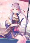  1girl anbe_yoshirou bangs bench blue_eyes blue_hair blue_skirt blunt_bangs blurry blurry_background blush branch breasts brown_choker cherry_blossoms chest_armor choker cleavage collarbone commentary_request genshin_impact hair_ornament highres japanese_clothes kamisato_ayaka katana knees long_hair looking_at_viewer medium_breasts mole mole_under_eye oil-paper_umbrella parted_lips petals ponytail scabbard sheath short_sleeves signature sitting skirt smile snowflake_print solo sword tabi tassel tree umbrella upper_body weapon wrist_guards 