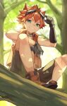  1boy black_gloves branch gloves goggles goggles_on_head hair_between_eyes highres legs looking_at_viewer male_focus memo_haco orange_hair original scar scar_on_face scar_on_nose shoes shorts sleeveless solo sunlight teeth tree 