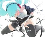  1girl absurdres black_skirt blue_hair blue_nails collared_shirt detached_sleeves foreshortening grey_shirt hatsune_miku headphones headset highres holding holding_microphone_stand long_hair microphone_stand music nyora_(soredemosekai) one_eye_closed open_mouth shirt singing skirt solo thighhighs twintails very_long_hair vocaloid water_drop 