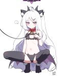  ... animal_ears bare_shoulders black_panties blue_archive cat_ears cat_hair_ornament closed_mouth collar hair_ornament hairclip halo highres hina_(blue_archive) horns long_hair myeolchi navel panties ponytail purple_eyes rope shy spoken_ellipsis spread_legs thighhighs underwear white_background white_hair wings 