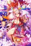  1girl aburaage age_of_ishtaria alcohol animal_ear_fluff animal_ears breasts cherry_blossoms cleavage collarbone floral_print floral_print_kimono flower food fox_ears fox_mask fox_tail full_moon grey_hair highres japanese_clothes kimono lantern large_breasts looking_at_viewer mask moon munlu_(wolupus) night night_sky official_art red_eyes red_kimono seimei_(age_of_ishtaria) sitting sky solo tail wide_sleeves 