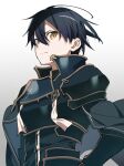  1boy armor bangs black_cape black_hair black_shirt breastplate brown_eyes cape closed_mouth commentary_request from_side gradient gradient_background grey_background hair_between_eyes kirito kochi_(wwwkyck) long_sleeves looking_at_viewer male_focus shirt short_hair simple_background smile solo sword_art_online upper_body 