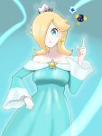  1girl a3_k306021 bare_shoulders blonde_hair blue_background blue_dress blue_eyes bob-omb brooch closed_mouth crown dress earrings eyelashes hair_over_one_eye highres index_finger_raised jewelry light_frown long_hair long_sleeves looking_at_viewer mario_(series) off-shoulder_dress off_shoulder rosalina solo star_(symbol) star_brooch star_earrings super_mario_galaxy wide_sleeves 