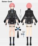  black_cape black_flower black_footwear black_necktie black_shorts blue_brooch blue_eyes boots cape clothes_pin earrings feather_hair fingerless_gloves flower full_body garter_straps gloves grey_jacket hair_over_one_eye highres hololive jacket jewelry kakage necktie official_art pink_hair reference_sheet short-sleeved_jacket short_hair short_sleeves shorts sidelocks stud_earrings takane_lui 