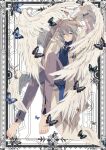  1boy barefoot blue_butterfly bug butterfly coat earrings feathered_wings grey_hair halo head_wings highres honkai:_star_rail honkai_(series) jewelry medium_hair multiple_wings spiked_halo sunday_(honkai:_star_rail) vest white_coat white_vest wings wprrg yellow_eyes 