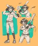  1boy :d alternate_costume artist_name bangs baseball baseball_bat baseball_cap baseball_uniform belt black_gloves black_hair black_legwear commentary danganronpa_(series) danganronpa_v3:_killing_harmony english_text fingerless_gloves gloves green_background grey_footwear grey_pants hair_between_eyes hat headwear_removed highres kneehighs looking_at_viewer male_focus messy_hair motion_lines multiple_views open_mouth orange_background ouma_kokichi pants profile raeilia scared shiny shiny_hair shirt shoes short_hair sketch smile sneakers sportswear striped striped_pants striped_shirt symbol-only_commentary 