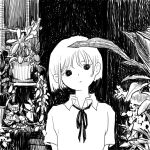  1girl expressionless greyscale highres looking_at_viewer monochrome nihiru0513 original plant potted_plant shirt short_hair sketch solo 