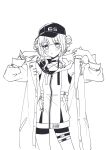  1girl absurdres baseball_cap blush coat collarbone double_bun greyscale hair_bun hair_ornament hat highres kaburaki_roco kaburaki_roco_(1st_costume) kashikaze long_sleeves looking_at_viewer medium_hair monochrome nijisanji open_clothes open_coat open_mouth shirt sidelocks simple_background solo thigh_strap virtual_youtuber white_background 