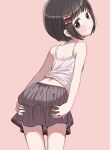  1girl ass black_eyes black_hair bow camisole child from_behind grey_skirt hair_bow hands_on_own_ass highres leaning_forward looking_back original piko_(pixiv) pink_background ribbon short_hair simple_background skirt solo thighs white_camisole 