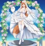  1girl alternate_costume animal_ears breasts bride dress elbow_gloves full_body gloves high_heels highres holo kisaragi_tsurugi lace-trimmed_legwear lace_trim large_breasts long_hair orange_hair red_eyes sidelocks sleeveless sleeveless_dress solo spice_and_wolf standing tail thighhighs wedding_dress white_dress white_footwear white_gloves white_legwear wolf_ears wolf_girl wolf_tail 