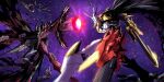  abbadomon arm_blade arm_cannon armor cannon carloromeroart commentary creature digimon digimon_(creature) digimon_adventure: duel english_commentary extra_eyes fighting from_side glowing highres horns monster omegamon omegamon_alter-s open_mouth outdoors red_eyes sharp_teeth space star_(sky) teeth weapon 