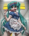  1girl 2girls absurdres apron black_eyes blood blood_on_arm blood_on_clothes blood_on_face blood_on_knife blue_dress blue_eyes blue_hair blue_hat bow commentary_request cowboy_shot dress dual_wielding empty_eyes frilled_apron frilled_dress frills hair_between_eyes hat hatsune_miku highres holding indoors kazu-chan knife licking licking_blade licking_weapon long_hair long_tongue looking_at_viewer medium_bangs mesmerizer_(vocaloid) multiple_girls open_mouth puffy_short_sleeves puffy_sleeves red_bow sharp_teeth short_sleeves smile solo striped_bow striped_clothes striped_dress teeth the_exit_8 tile_wall tiles tongue vertical-striped_clothes vertical-striped_dress very_long_hair visor_cap vocaloid waist_apron weapon white_apron white_bow wrist_cuffs 