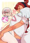  2girls akutsu_(demodori) ass battery_indicator closed_eyes gundam gundam_suisei_no_majo hairband heart hug light_blush long_hair miorine_rembran multiple_girls red_hair shared_clothes shirt smile spoken_heart suletta_mercury t-shirt thick_eyebrows thighs underwear white_hair yuri 