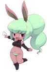  1girl animal_ears blush breasts bunny_mint detached_sleeves green_hair high_ponytail long_hair navel no_pants nollety open_mouth panties pink_eyes rabbit_ears rabbit_girl simple_background solo striped_clothes striped_panties underwear white_background youkai_(youkai_watch) youkai_watch 