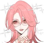  1girl absurdres commentary_request countess_chelsea_(path_to_nowhere) glasses highres jewelry long_hair looking_at_viewer necklace parted_lips path_to_nowhere pink_eyes pink_hair portrait red_lips simple_background solo sparkle toho10min white_background 