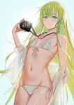  1other androgynous bare_shoulders camera enkidu_(fate) fate/grand_order fate_(series) green_eyes green_hair highres long_hair looking_at_viewer mailixiang navel smile very_long_hair wet 