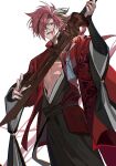  1boy black_hair black_hakama blood blood_on_face dragon_print earrings eyebrow_cut eyes_visible_through_hair fate/grand_order fate_(series) hair_over_one_eye hakama highres holding holding_weapon instrument_on_back jacket japanese_clothes jewelry long_hair long_sleeves looking_at_viewer low_ponytail male_focus muki_(muki_kunxd) multicolored_hair nagatekkou pectoral_cleavage pectorals red_eyes red_hair red_jacket simple_background smile solo streaked_hair sword takasugi_shinsaku_(fate) toned toned_male underpec weapon white_background white_hair wide_sleeves 