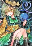  1girl black_hat blouse bow buttons diamond_button eyeball frilled_shirt_collar frilled_sleeves frills green_eyes green_hair green_skirt hat hat_bow hat_ribbon heart heart_of_string komeiji_koishi monji_(monzi328) ribbon shirt skirt solo third_eye touhou traditional_media wide_sleeves yellow_bow yellow_ribbon yellow_shirt 