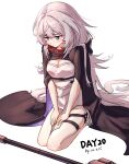  1girl absurdres arknights black_cloak blush breasts cleavage cloak commentary_request dated dress gaoling_gangqin grey_eyes highres long_hair looking_down mulberry_(arknights) seiza sitting small_breasts solo staff thigh_strap very_long_hair white_dress white_hair 