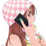  1990s_(style) 1girl beanie cellphone checkered_clothes checkered_headwear english_commentary from_side green_nails hat holding holding_hair holding_phone jewelry long_hair looking_back multiple_rings open_mouth original phone pink_eyes retro_artstyle ring shirt signature sleeveless sleeveless_shirt smartphone solo white_background yue_(yung_n_dum_) 