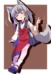  1girl animal_ear_fluff animal_ears brown_background closed_eyes facing_viewer fox_ears fox_girl fox_shadow_puppet fox_tail full_body grey_hair hakama highres japanese_clothes kimono long_hair long_sleeves original sandals short_eyebrows skirt socks solo sweat tabi tail thick_eyebrows tsukimi_shokudouki two-tone_background white_socks wide_sleeves yukinagi zouri 