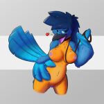  1:1 adeska anthro avian beak bird blue_hair breasts coraciiform feathered_wings feathers female genitals hair half-length_portrait hi_res kingfisher leash looking_at_viewer nude portrait pussy shaded soft_shading solo wings 