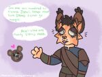 2017 ambiguous_gender anthro armor bethesda_softworks black_hair brown_inner_ear brown_inner_ear_fluff chibi clothed clothing dialogue digital_drawing_(artwork) digital_media_(artwork) ear_tuft english_text eyelashes felid female_(lore) flat_colors fur glistening_eyelids green_text grey_eyes hair half-length_portrait handwritten_text heart_symbol inner_ear_fluff jaspering khajiit leather leather_armor mammal microsoft open_mouth orange_body orange_fur portrait pupils purple_background s&#039;naaji simple_background slit_pupils solo speech_bubble text the_elder_scrolls tuft