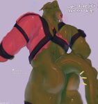  anthro big_butt blush butt clothing dialogue dragon embarrassed english_text epic_games fortnite green_body green_scales hi_res hybrid_(fortnite) male mostly_nude mythological_creature mythological_scalie mythology rear_view scales scalie softestpitbull solo tail text torn_clothing 
