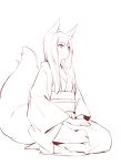  1girl animal_ears closed_mouth fox_ears fox_tail from_side hands_on_lap highres japanese_clothes kimono large_tail long_sleeves monochrome nekojira obi original pink_eyes sash seiza simple_background sitting solo spot_color tail white_background wide_sleeves 
