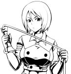  1girl angry bangs breasts choker closed_mouth commentary_request eyebrows_visible_through_hair gloves greyscale hair_between_eyes holding holding_whip large_breasts looking_at_viewer military military_uniform monochrome okyou short_hair simple_background solo the_king_of_fighters uniform upper_body whip whip_(kof) white_background 