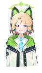  1girl animal_ear_headphones animal_ears black_dog_(ckdfhd) blonde_hair blue_archive blue_necktie blush bow collared_shirt fake_animal_ears green_bow green_eyes green_halo hair_bow halo headphones jacket long_sleeves midori_(blue_archive) necktie open_mouth shirt short_hair simple_background smile solo upper_body white_background white_jacket white_shirt 