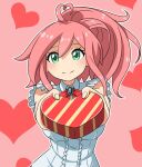  1girl ahoge box box_of_chocolates brooch closed_mouth collared_shirt frills green_eyes heart heart_ahoge heart_background jewelry kay_yu looking_at_viewer medium_hair original pink-haired_girl_(kay_yu) pink_background pink_hair ponytail pov red_neckwear shirt short_sleeves smile solo valentine white_shirt 